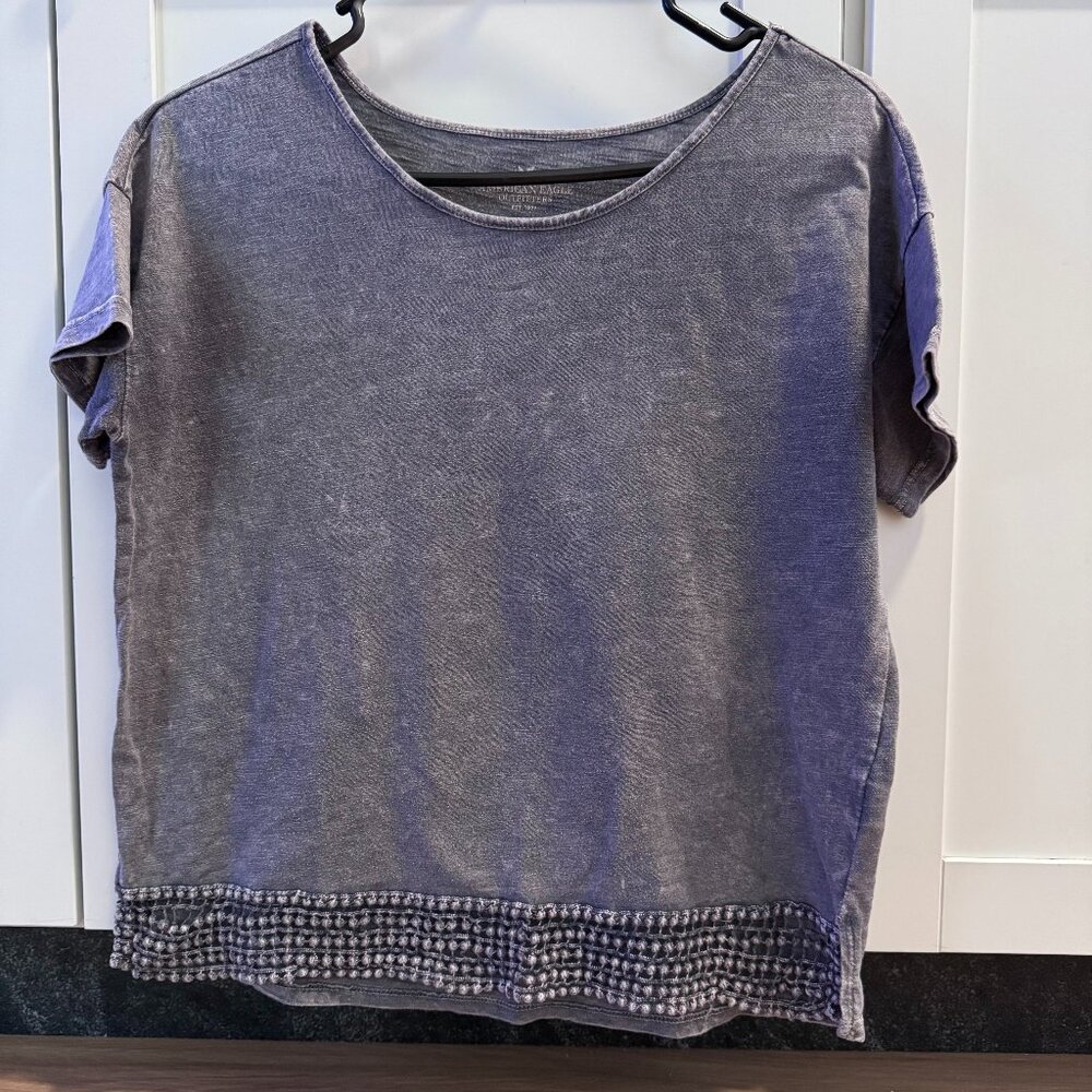 AE Blue Short Sleeve Top, Crochet Trim, M